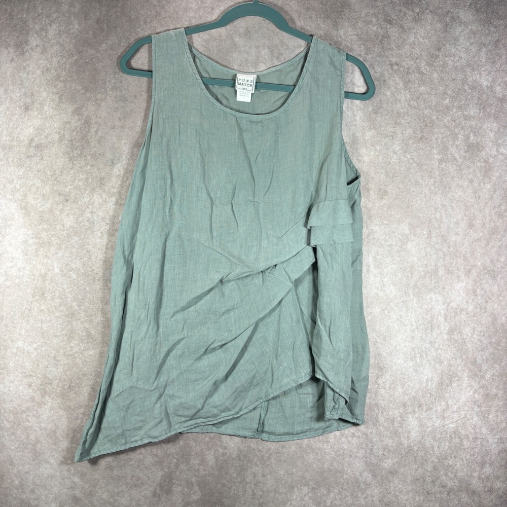 Pure Match Tank Top Womens Large Green Linen Asymmetric Ruffle Lagenlook Coastal